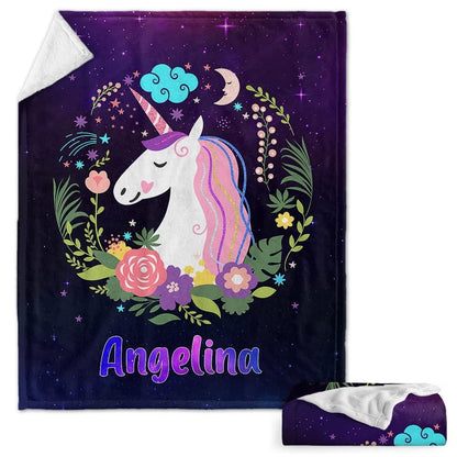 Violet Floral Unicorn Baby Kids Blanket With Custom Name For Baby Girl Nursery, Daughter, Granddaughter