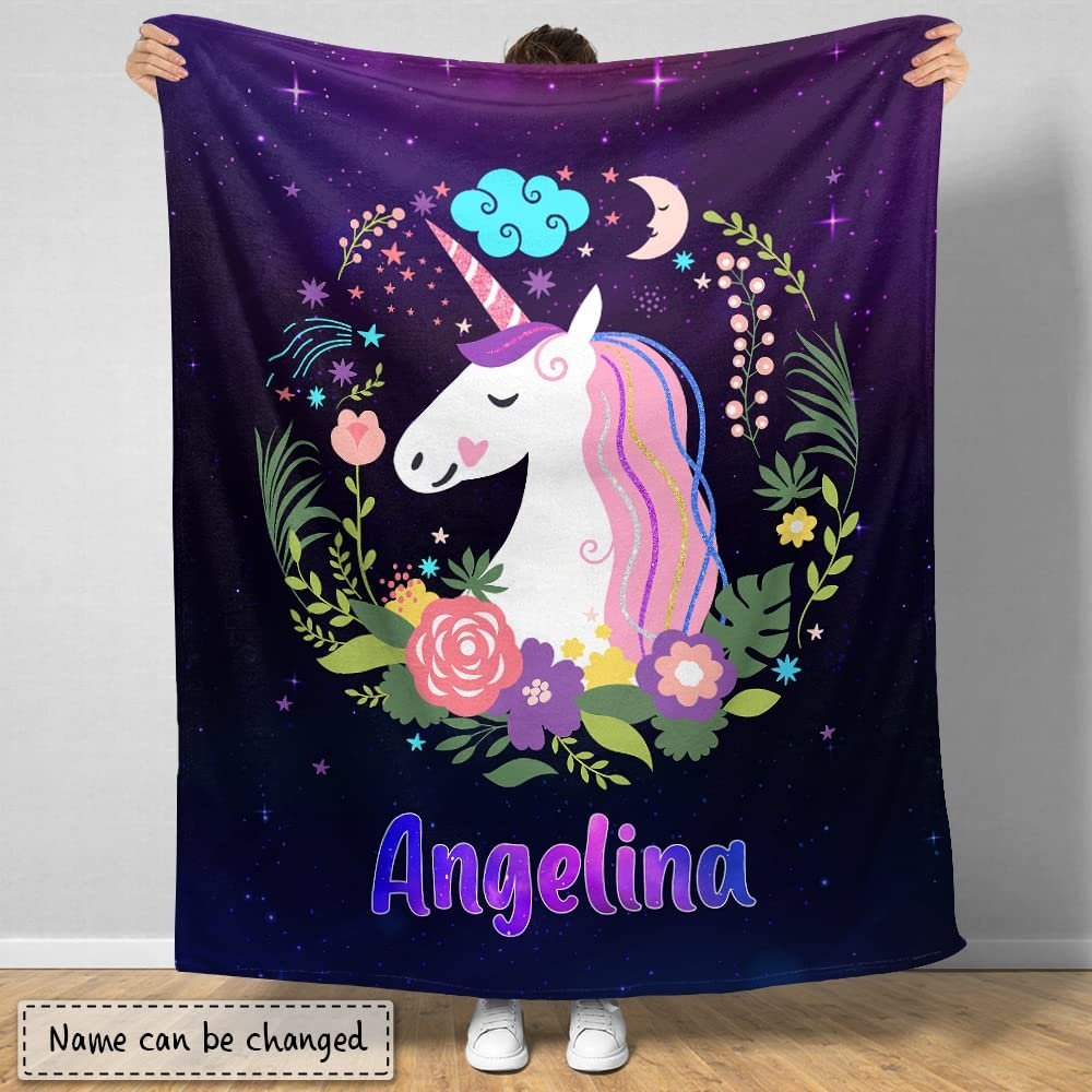 Violet Floral Unicorn Baby Kids Blanket With Custom Name For Baby Girl Nursery, Daughter, Granddaughter