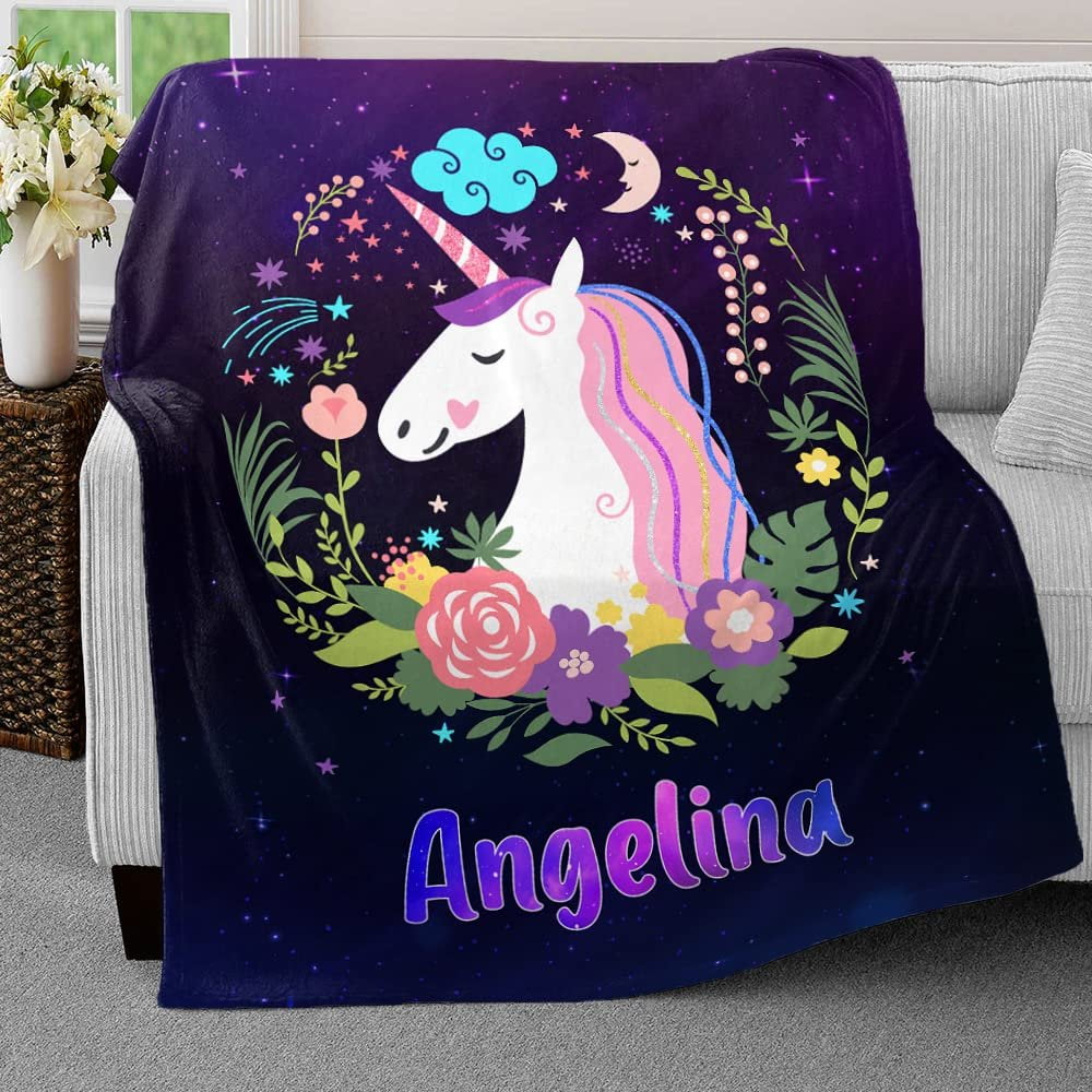 Violet Floral Unicorn Baby Kids Blanket With Custom Name For Baby Girl Nursery, Daughter, Granddaughter