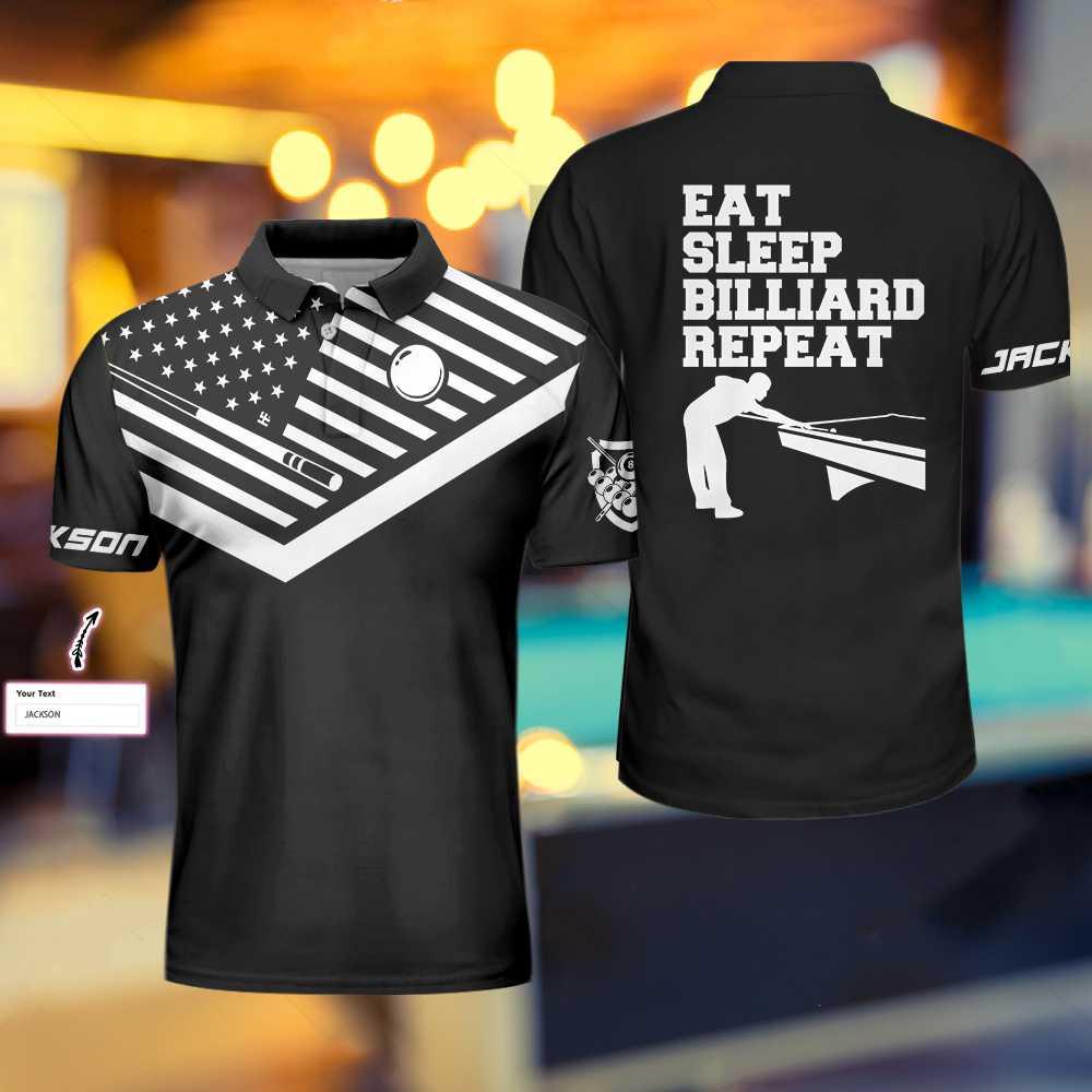 Personalized Billiard Men Polo Shirt, Eat Sleep Billiard Repeat Custom Polo Shirt, American Flag Shirt Design, Gift For Billiard Lovers - Amzanimalsgift