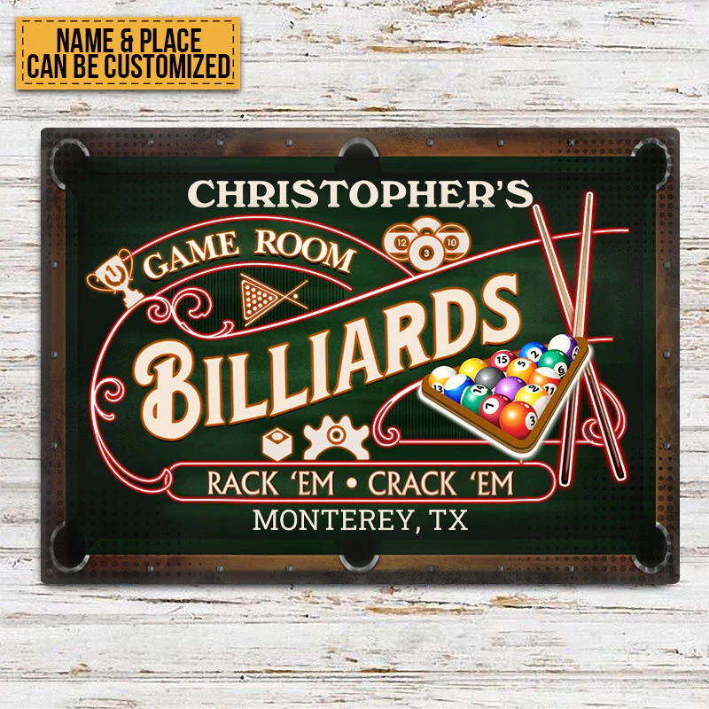 Personalized Billiards Pool Room Metal Signs - Rack 'Em Crack 'Em Pool ...