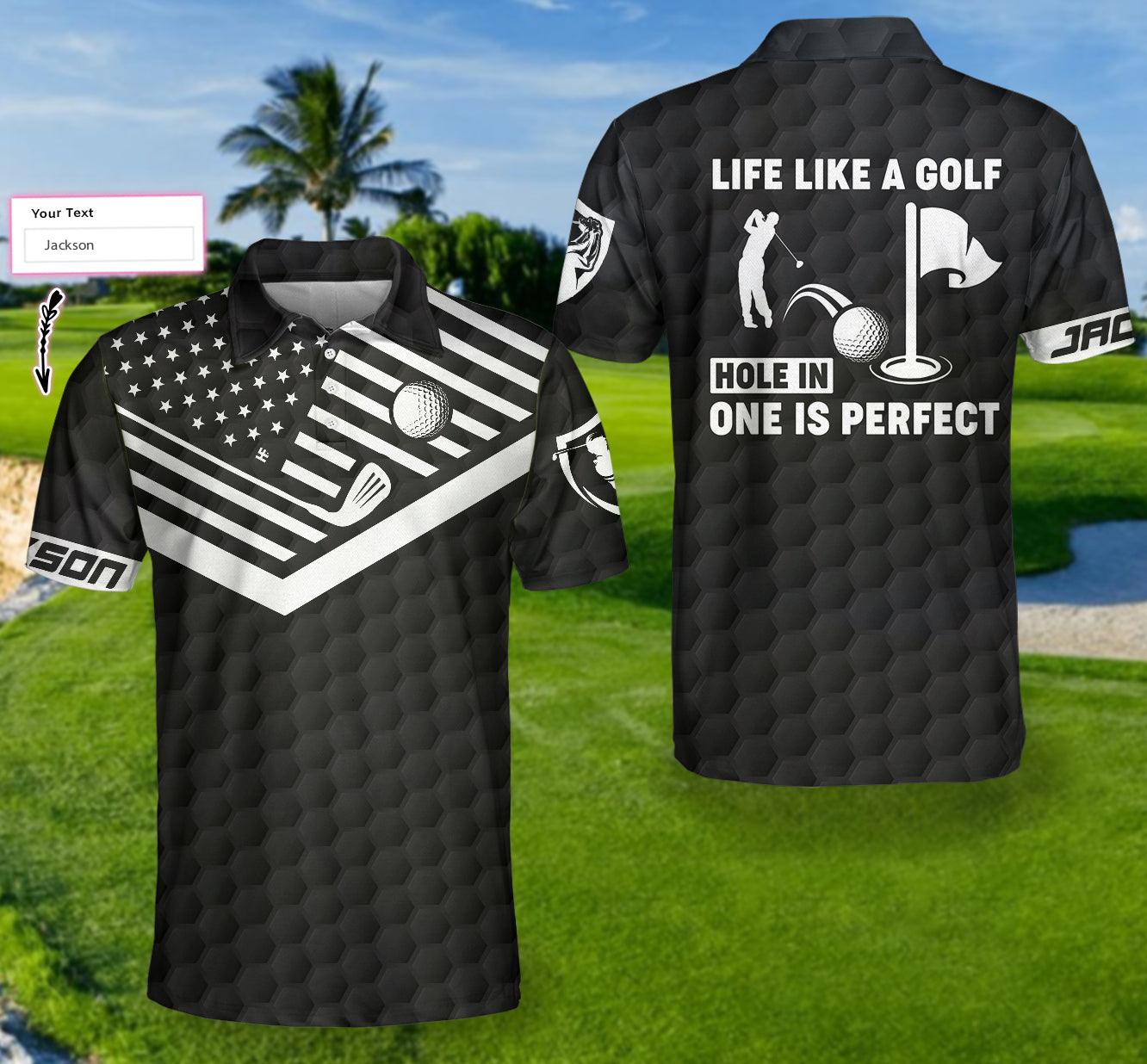 Personalized Black America Flag Golf Ball Pattern Polo Shirt, Hole In One Is Perfect Custom Polo Shirt For Men, Best Gift For Golfers - Amzanimalsgift