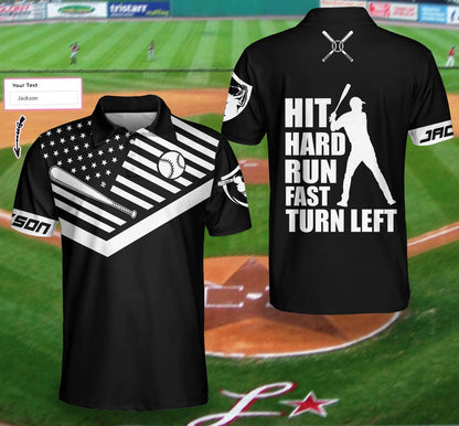 Personalized Black American Flag Men Polo Shirt, Hit Hard Run Fast Turn Left Custom Polo Shirt, Funny Golf Shirt For Men - Amzanimalsgift