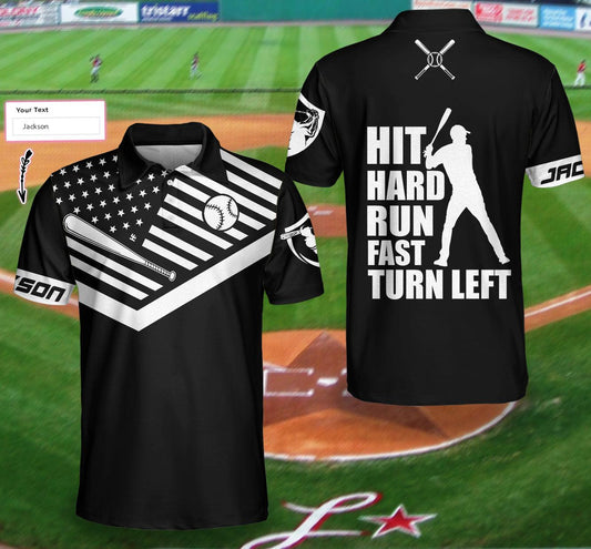 Personalized Black American Flag Men Polo Shirt, Hit Hard Run Fast Turn Left Custom Polo Shirt, Funny Golf Shirt For Men - Amzanimalsgift