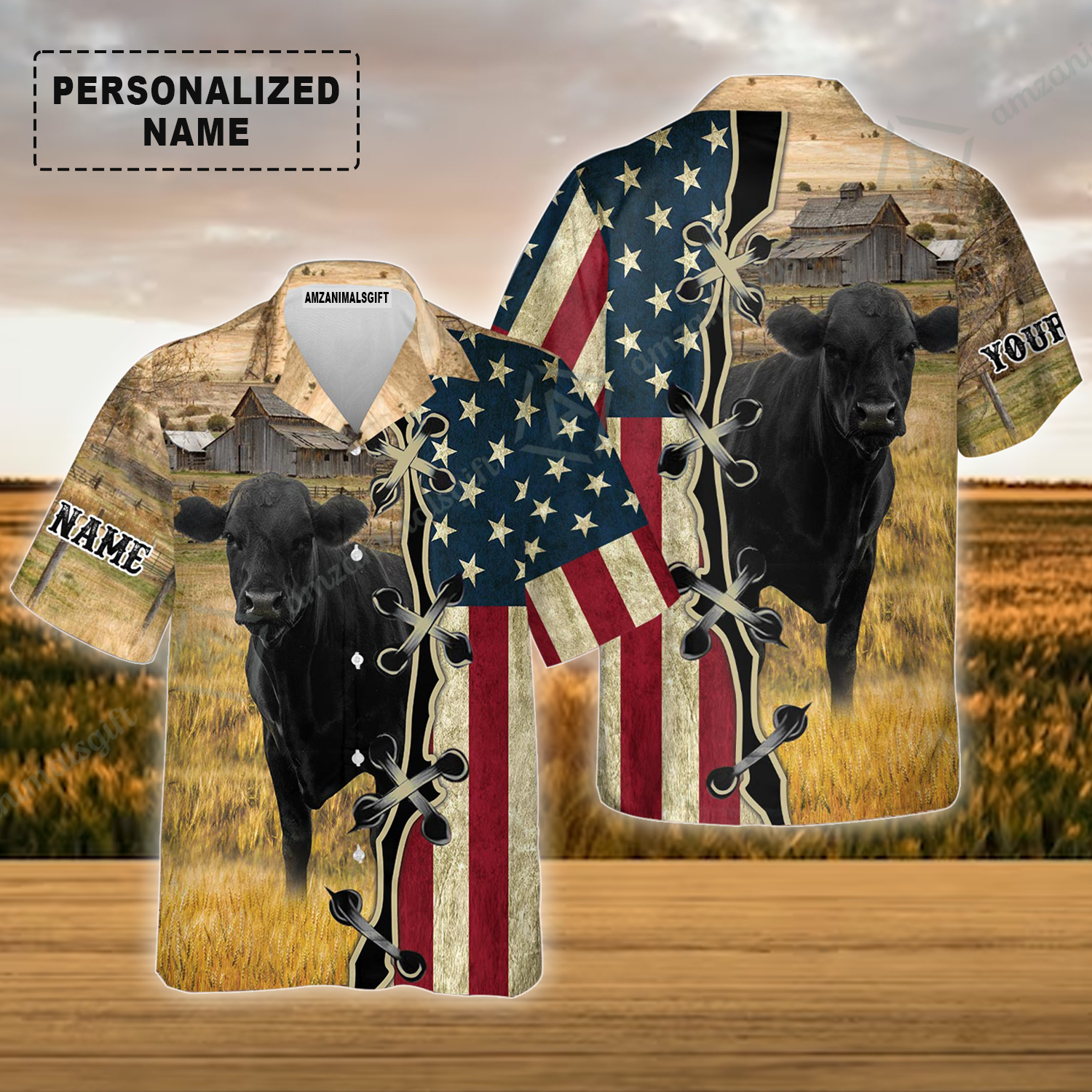 Personalized Black Angus Cattle American Flag Hawaiian Shirt, Farm Aloha Shirt For Friend, Family, Farmer, Black Angus Lovers