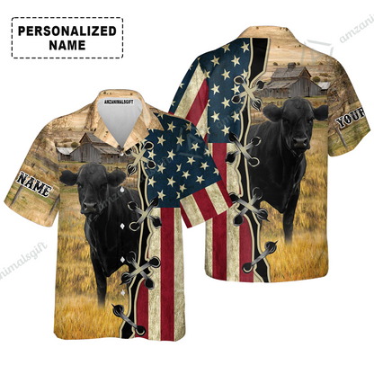 Personalized Black Angus Cattle American Flag Hawaiian Shirt, Farm Aloha Shirt For Friend, Family, Farmer, Black Angus Lovers
