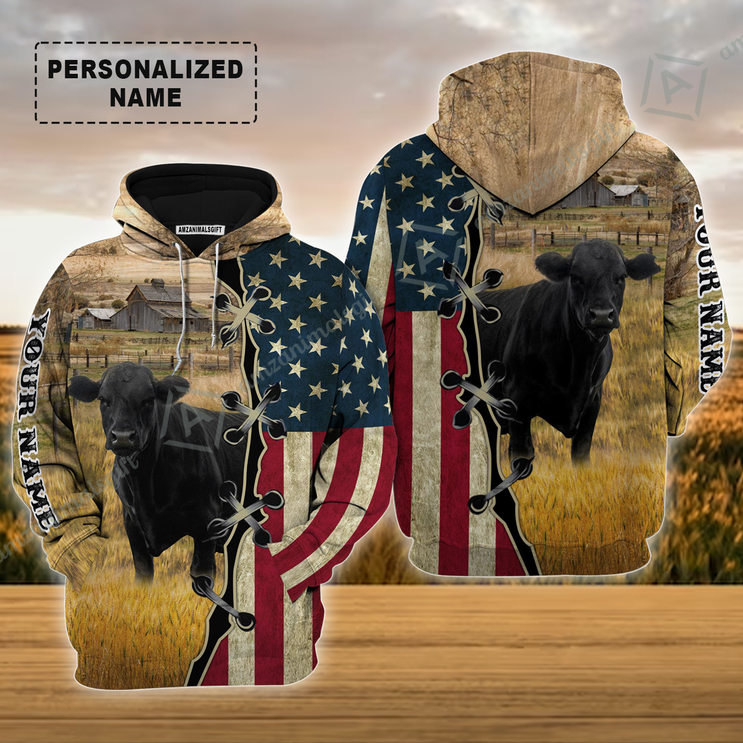 Personalized Black Angus Cattle American Flag Hoodie, Farm Shirt For Friend, Family, Farmer, Black Angus Lovers