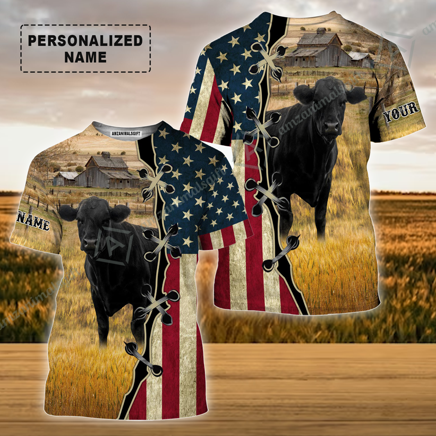 Personalized Black Angus Cattle American Flag T-Shirt, Farm Shirt For Friend, Family, Farmer, Black Angus Lovers