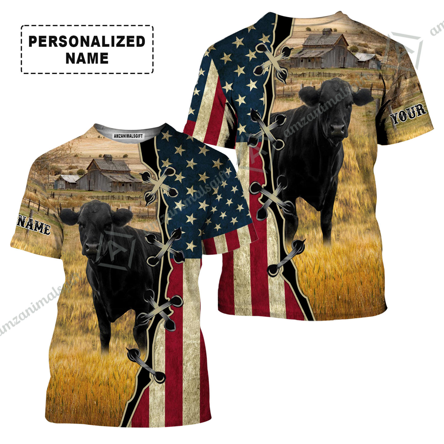 Personalized Black Angus Cattle American Flag T-Shirt, Farm Shirt For Friend, Family, Farmer, Black Angus Lovers