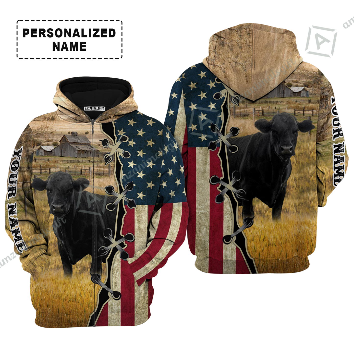 Personalized Black Angus Cattle American Flag T-Shirt, Farm Shirt For Friend, Family, Farmer, Black Angus Lovers