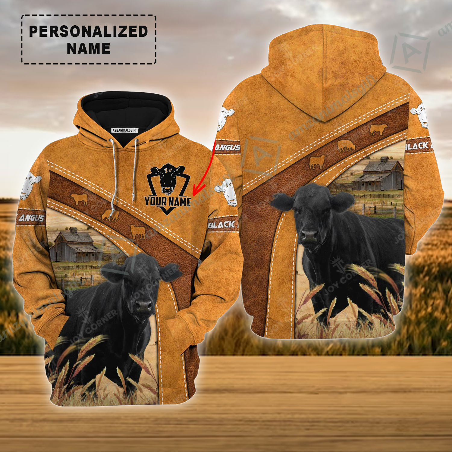 Personalized Black Angus Cattle Hoodie, Leather Pattern Farm Hoodie For Friend, Family, Farmer, Black Angus Lovers