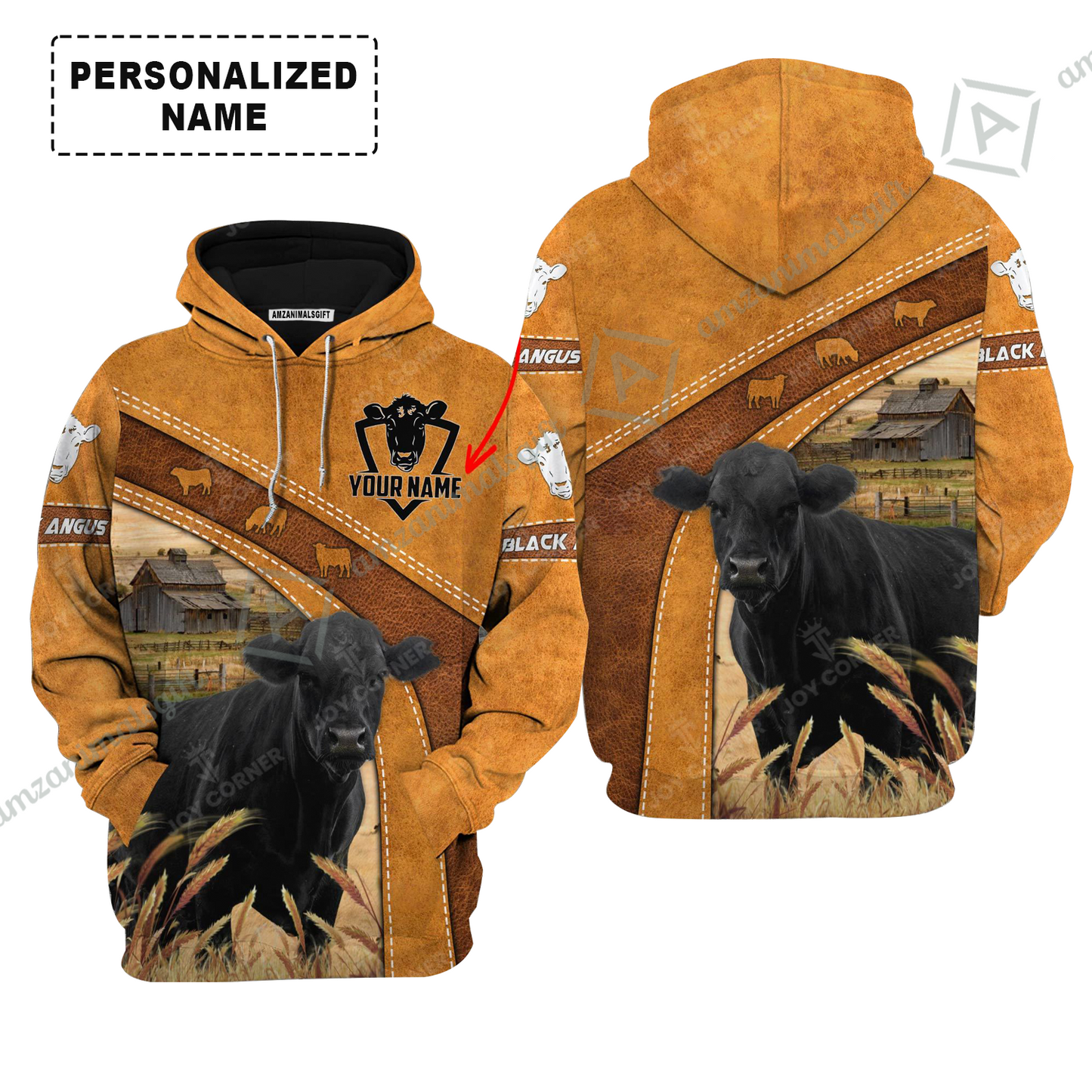 Personalized Black Angus Cattle Hoodie, Leather Pattern Farm Hoodie For Friend, Family, Farmer, Black Angus Lovers