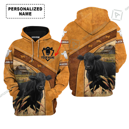 Personalized Black Angus Cattle Hoodie, Leather Pattern Farm Hoodie For Friend, Family, Farmer, Black Angus Lovers