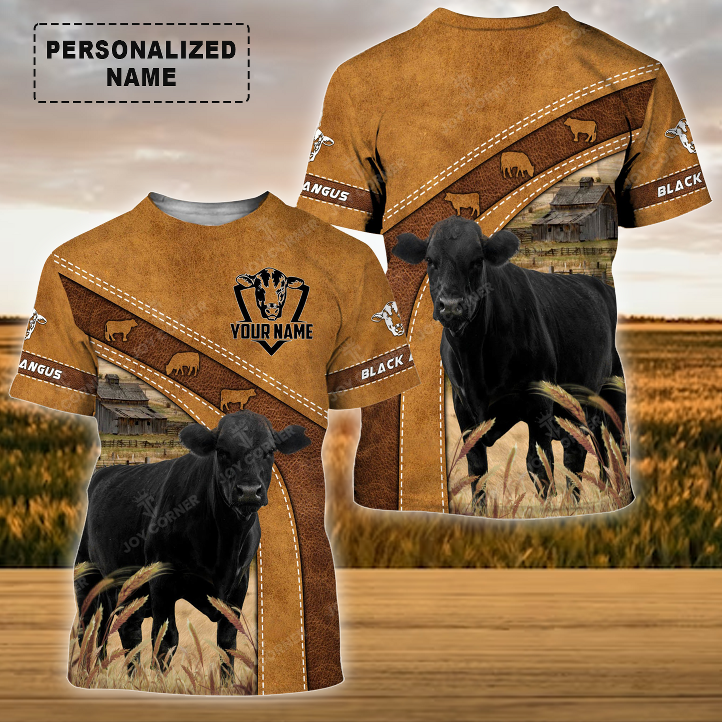 Personalized Black Angus Cattle T-Shirt, Leather Pattern Farm Shirt For Friend, Family, Farmer, Black Angus Lovers