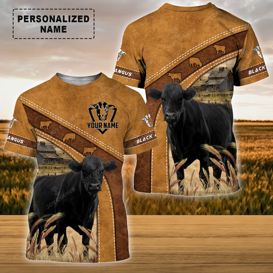 Personalized Black Angus Cattle T-Shirt, Leather Pattern Farm Shirt For Friend, Family, Farmer, Black Angus Lovers