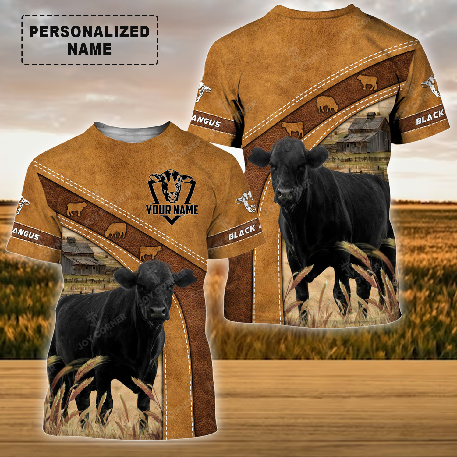 Personalized Black Angus Cattle T-Shirt, Leather Pattern Farm Shirt For Friend, Family, Farmer, Black Angus Lovers