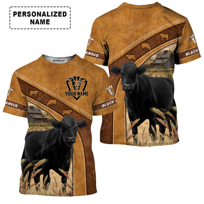 Personalized Black Angus Cattle T-Shirt, Leather Pattern Farm Shirt For Friend, Family, Farmer, Black Angus Lovers