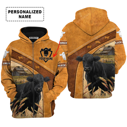 Personalized Black Angus Cattle Hoodie, Leather Pattern Farm Hoodie For Friend, Family, Farmer, Black Angus Lovers