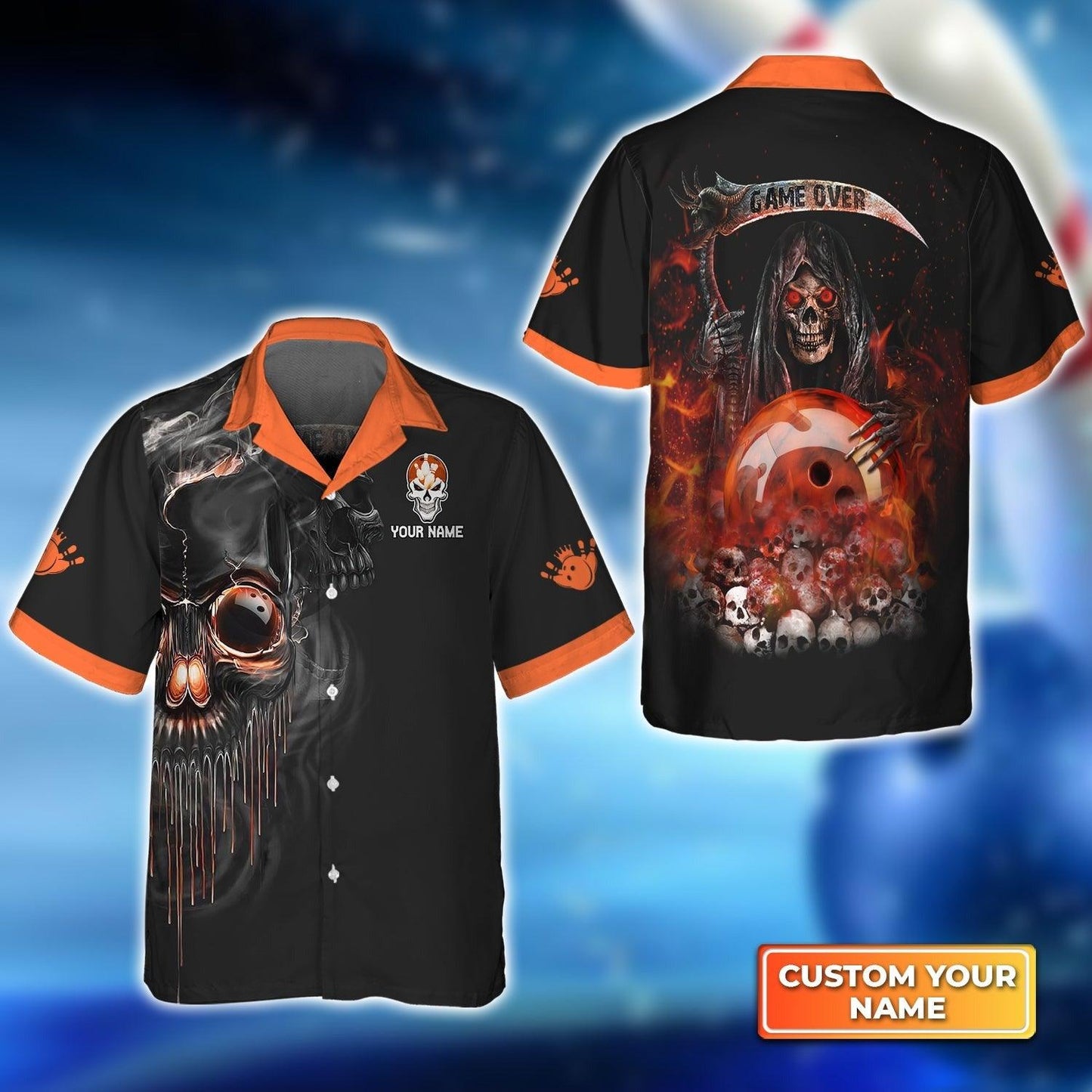 Personalized Bowling Aloha Hawaiian Shirt - Death Hawaiian Shirt, Orange Grim Reaper Bowling Hawaiian Shirt For Men & Women, Bowling Lover - Amzanimalsgift