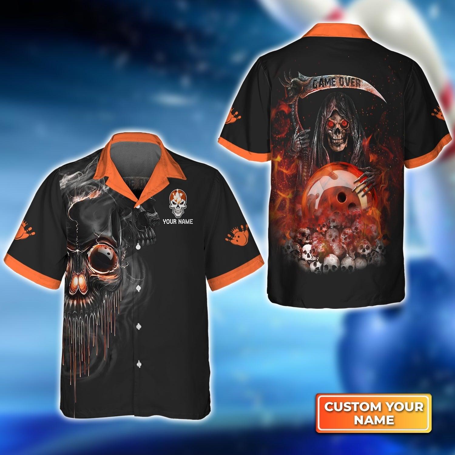Personalized Bowling Aloha Hawaiian Shirt - Death Hawaiian Shirt, Orange Grim Reaper Bowling Hawaiian Shirt For Men & Women, Bowling Lover - Amzanimalsgift