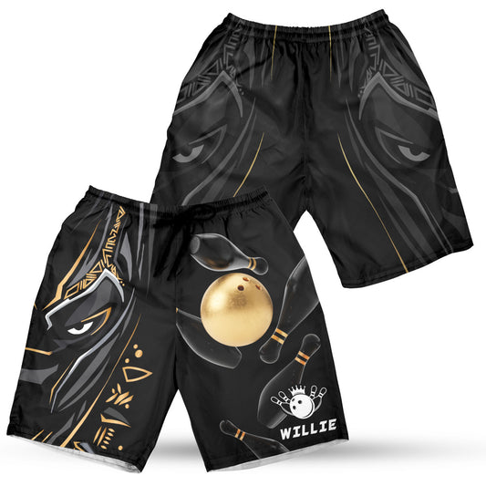 Personalized Bowling Ball And Pins Black Panther Shorts, Custom Name Bowling Shorts For Bowlers