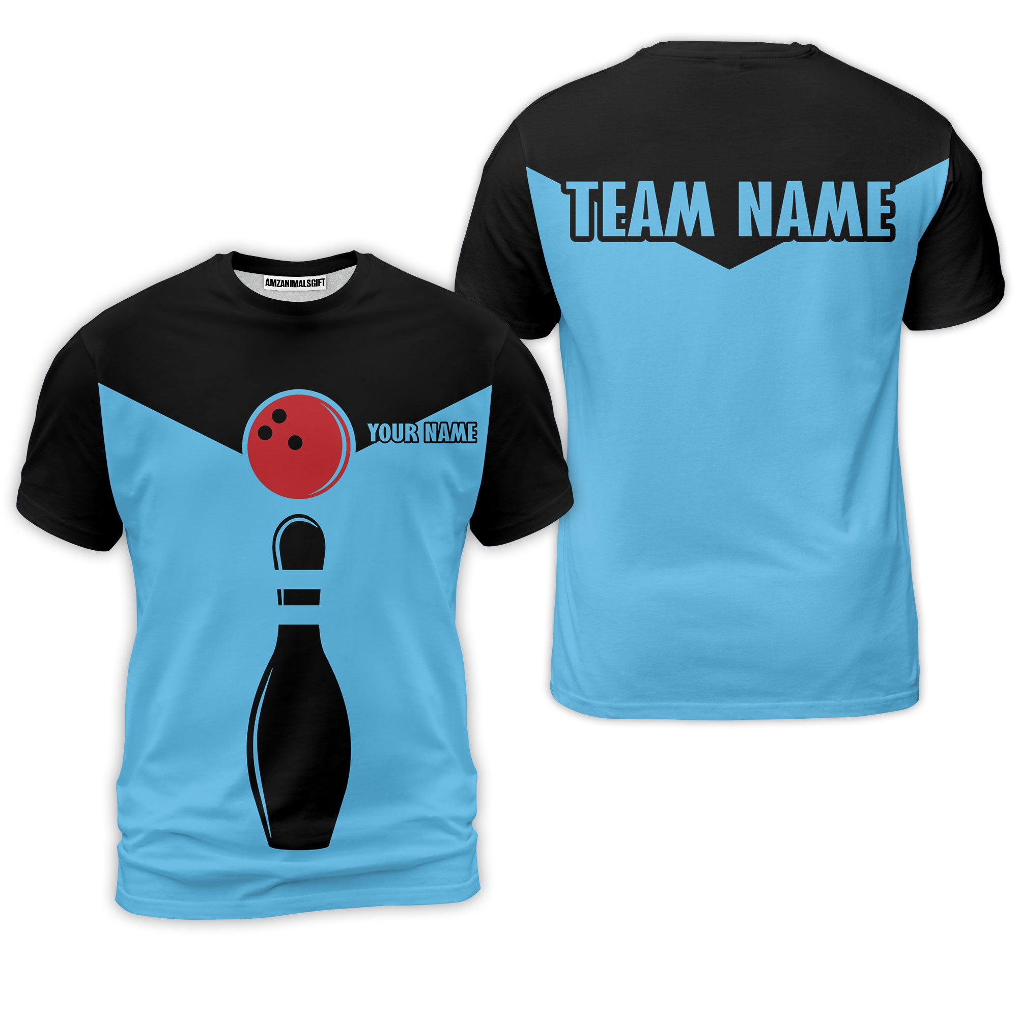 Personalized Bowling Black And Blue T-Shirt With Bowling Ball And Pin, Perfect Outfit For Bowling Team, Bowling Lovers