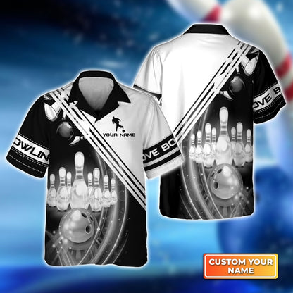 Personalized Bowling Jersey, Black And White Bowling The Pins And Ball Customized Shirt For Friend, Family, Bowling Lovers