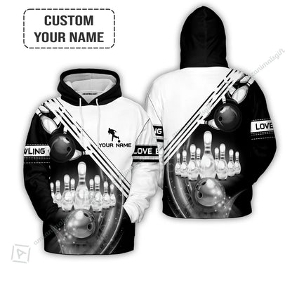 Personalized Bowling Jersey, Black And White Bowling The Pins And Ball Customized Shirt For Friend, Family, Bowling Lovers