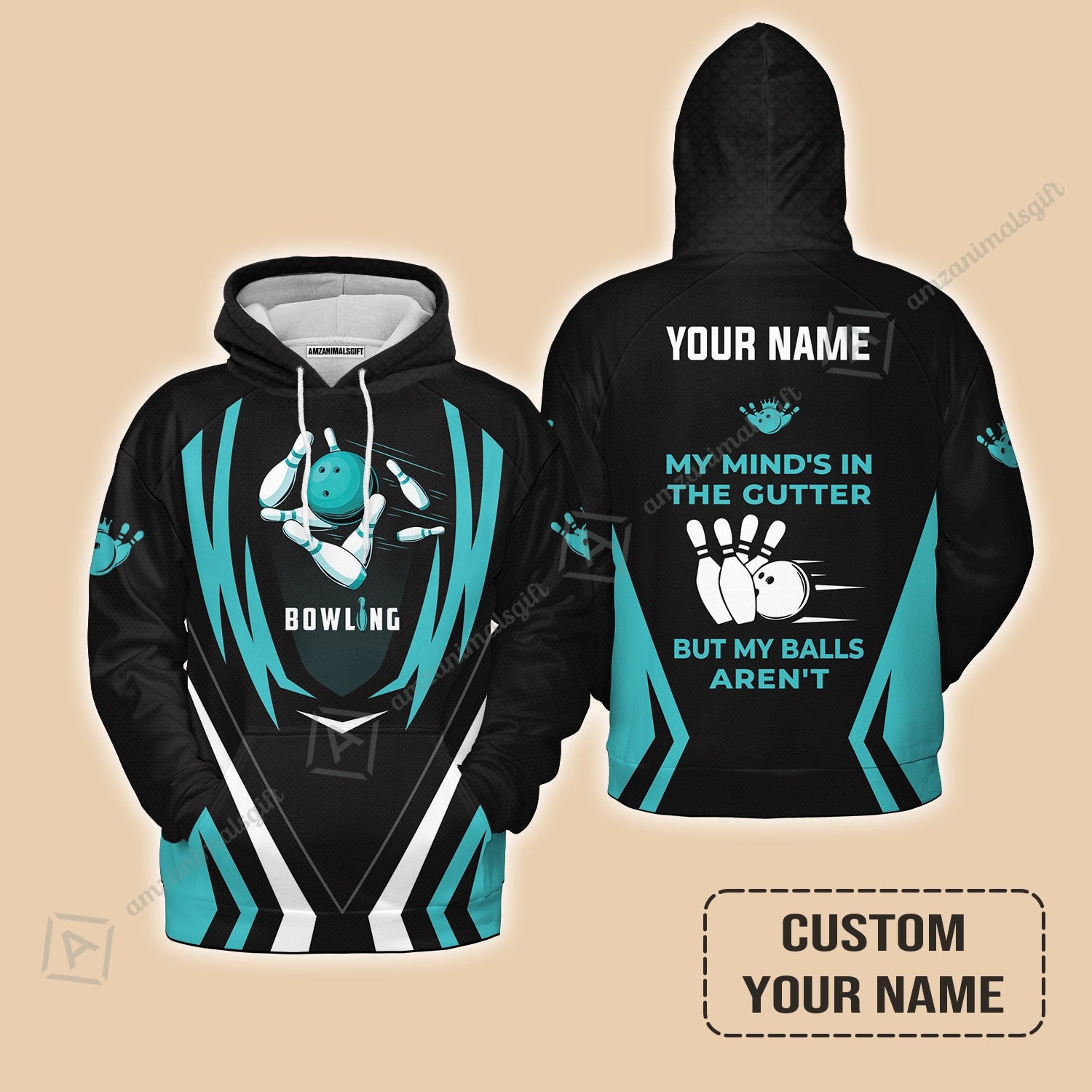 Personalized Bowling Hoodie, Light Blue Bowling Customized Hoodie My Mind's In The Gutter For Friend, Family, Bowling Lovers