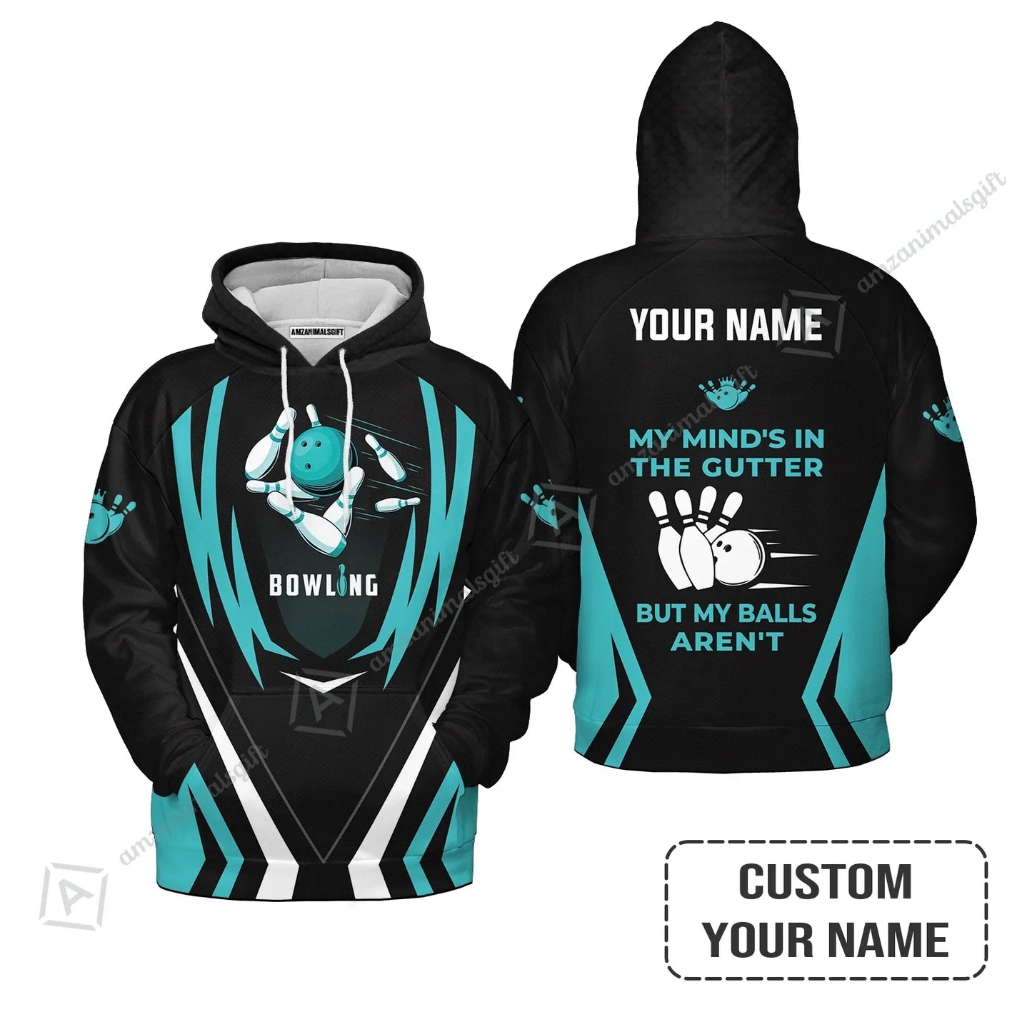 Personalized Bowling Long Polo Shirt, Light Blue Bowling Customized Shirt My Mind's In The Gutter For Friend, Family, Bowling Lovers