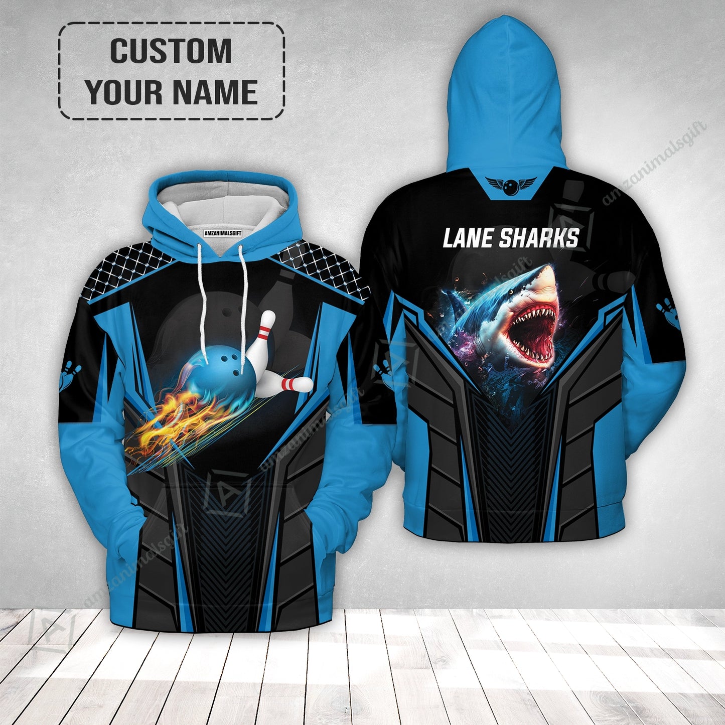 Personalized Bowling Hoodie, Shark Team Blue Bowling Ball Customized Shirt For Friend, Family, Bowling Players