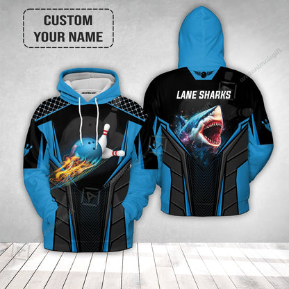Personalized Bowling Hoodie, Shark Team Blue Bowling Ball Customized Shirt For Friend, Family, Bowling Players
