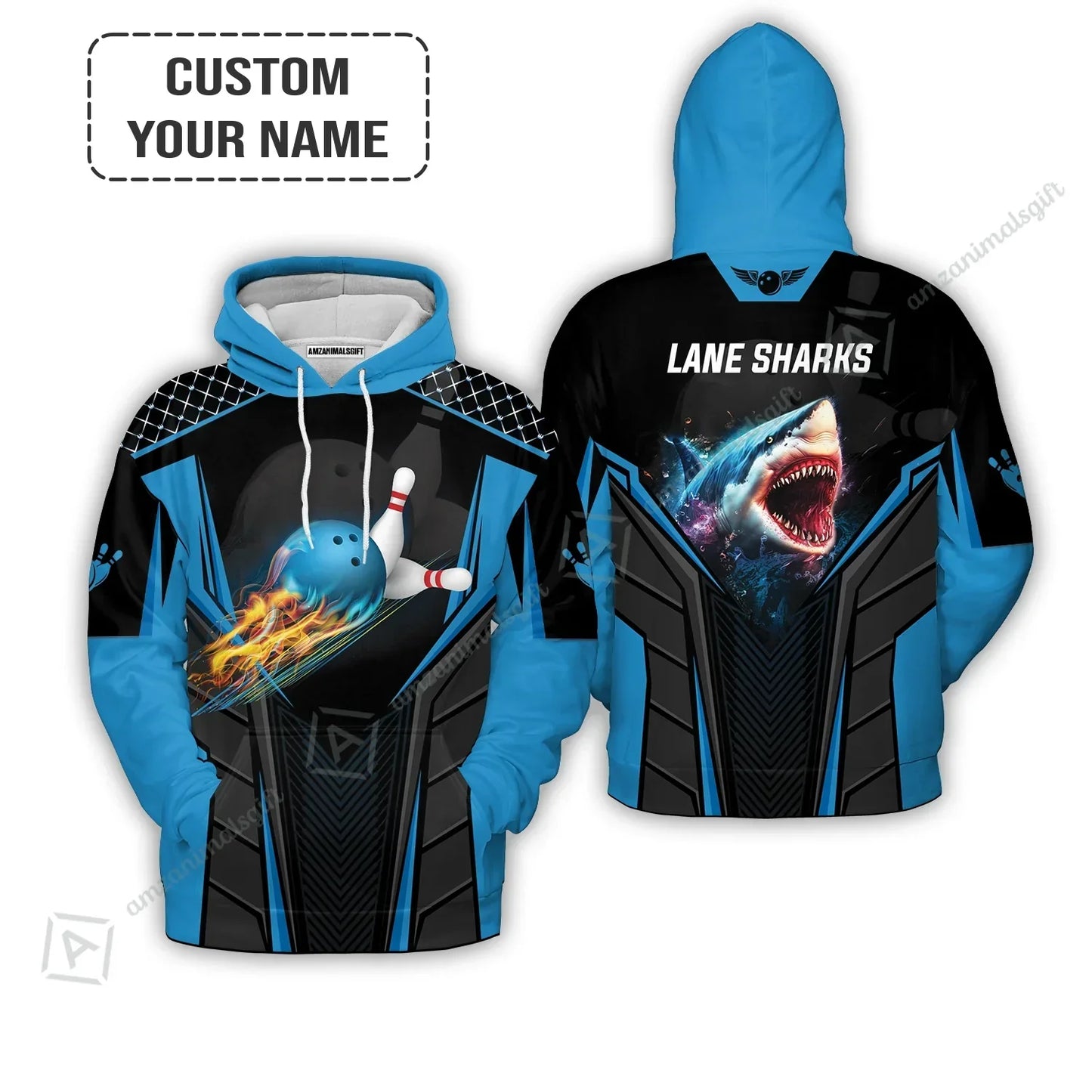 Personalized Bowling Hoodie, Shark Team Blue Bowling Ball Customized Shirt For Friend, Family, Bowling Players
