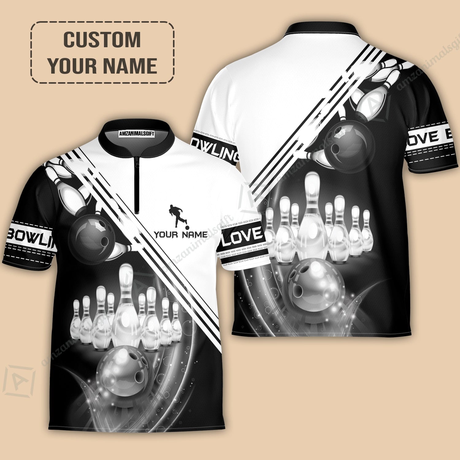 Personalized Bowling Jersey, Black And White Bowling The Pins And Ball Customized Shirt For Friend, Family, Bowling Lovers