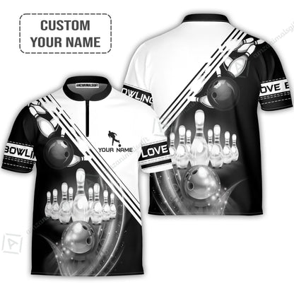 Personalized Bowling Jersey, Black And White Bowling The Pins And Ball Customized Shirt For Friend, Family, Bowling Lovers