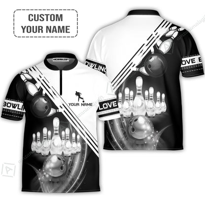 Bowling Hawaiian Shirt Custom Name - Black And White Bowling Ball In Motion And The Pins Personalized Aloha Hawaiian Shirt - Gift For Friend, Family, Bowling Lovers