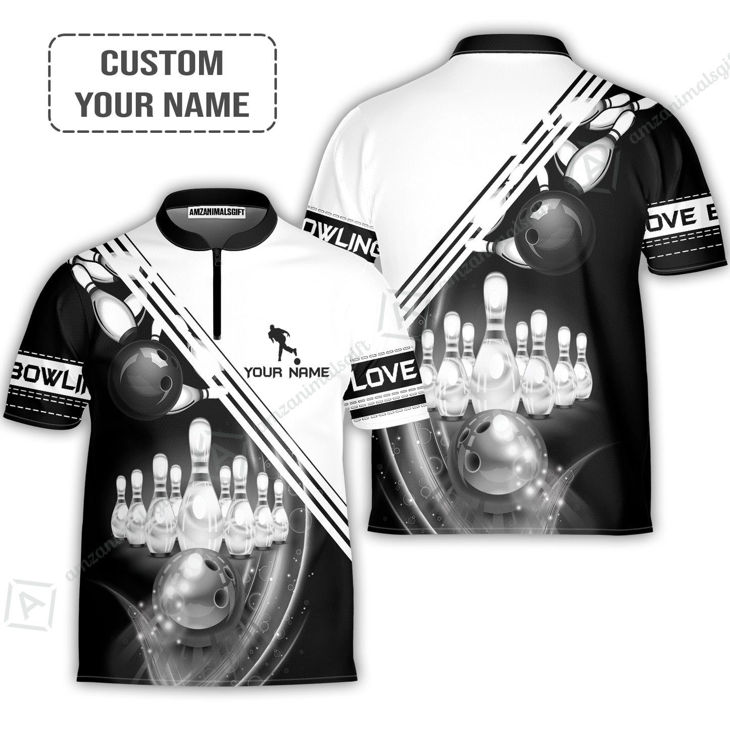 Bowling T shirt Custom Name - Black And White Bowling Ball In Motion And The Pins Personalized T-shirt - Gift For Friend, Family, Bowling Lovers