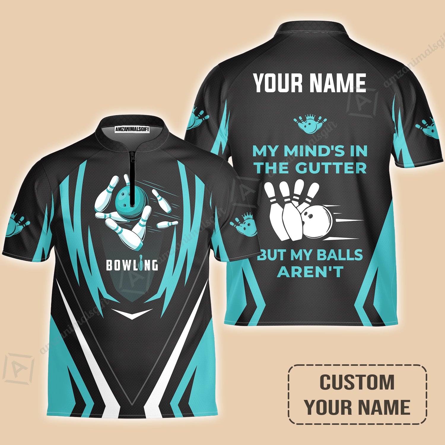 Personalized Bowling Jersey, Light Blue Bowling Customized Shirt My Mind's In The Gutter For Friend, Family, Bowling Lovers