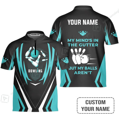 Personalized Bowling Long Polo Shirt, Light Blue Bowling Customized Shirt My Mind's In The Gutter For Friend, Family, Bowling Lovers