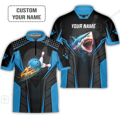 Personalized Bowling Women Polo Shirt, Shark Team Blue Bowling Ball Customized Shirt For Friend, Family, Bowling Players