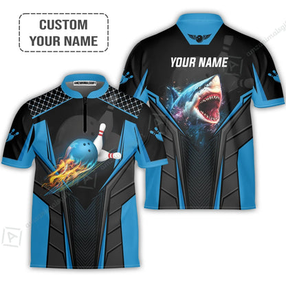 Personalized Bowling Long Sleeve Polo Shirt, Shark Team Blue Bowling Ball Customized Shirt For Friend, Family, Bowling Players