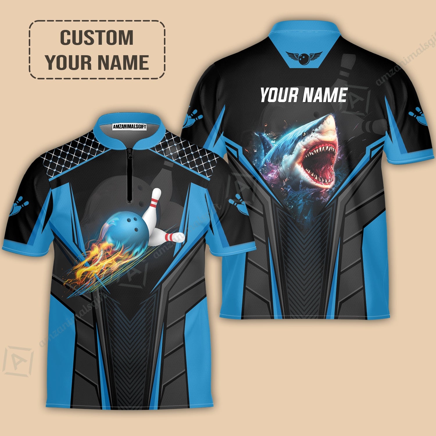 Personalized Bowling Jersey, Shark Team Blue Bowling Ball Customized Shirt For Friend, Family, Bowling Players