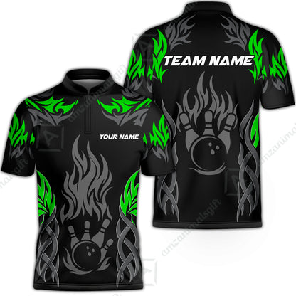 Personalized Bowling Jersey, Tribal And Bowling Flame Multi Option Customized Stand Collar Quarter-Zip Shirt - Black