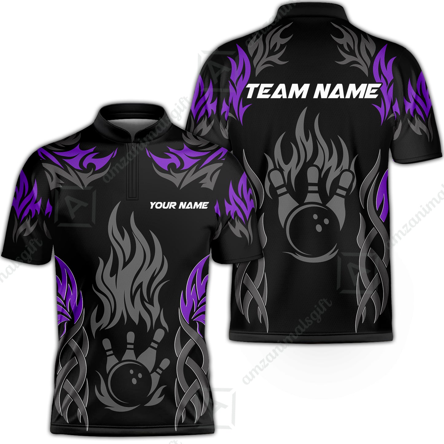 Personalized Bowling Jersey, Tribal And Bowling Flame Multi Option Customized Stand Collar Quarter-Zip Shirt - Black