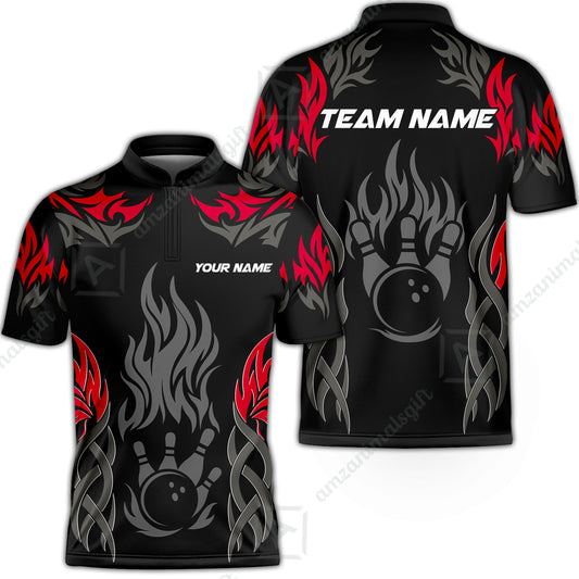 Personalized Bowling Jersey, Tribal And Bowling Flame Multi Option Customized Stand Collar Quarter-Zip Shirt - Black