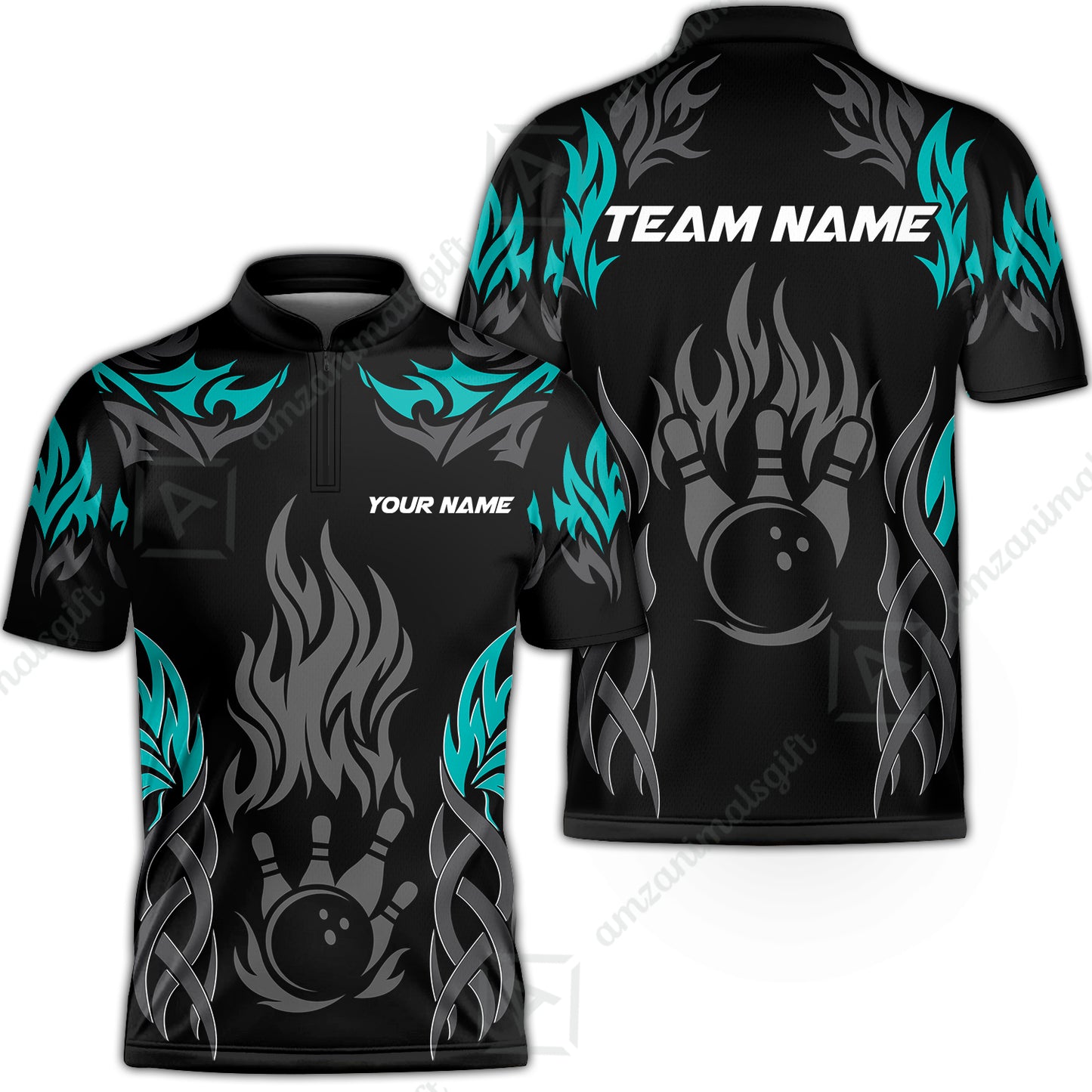 Personalized Bowling Jersey, Tribal And Bowling Flame Multi Option Customized Stand Collar Quarter-Zip Shirt - Black