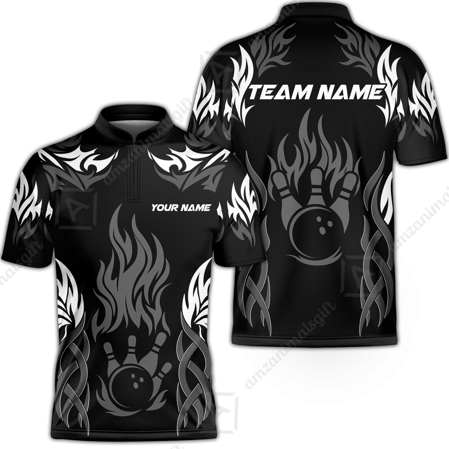 Personalized Bowling Jersey, Tribal And Bowling Flame Multi Option Customized Stand Collar Quarter-Zip Shirt - Black