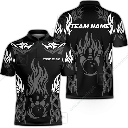 Personalized Bowling Jersey, Tribal And Bowling Flame Multi Option Customized Stand Collar Quarter-Zip Shirt - Black