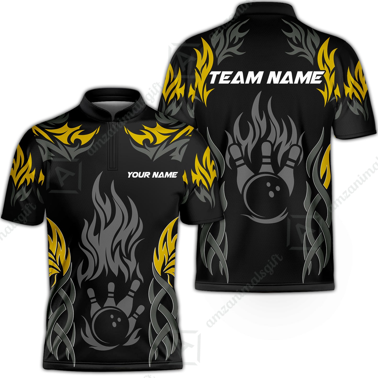 Personalized Bowling Jersey, Tribal And Bowling Flame Multi Option Customized Stand Collar Quarter-Zip Shirt - Black