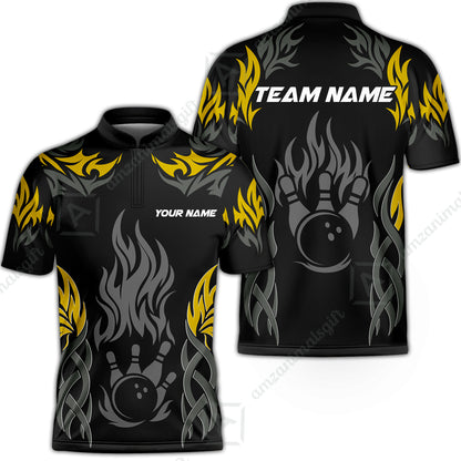 Personalized Bowling Jersey, Tribal And Bowling Flame Multi Option Customized Stand Collar Quarter-Zip Shirt - Black